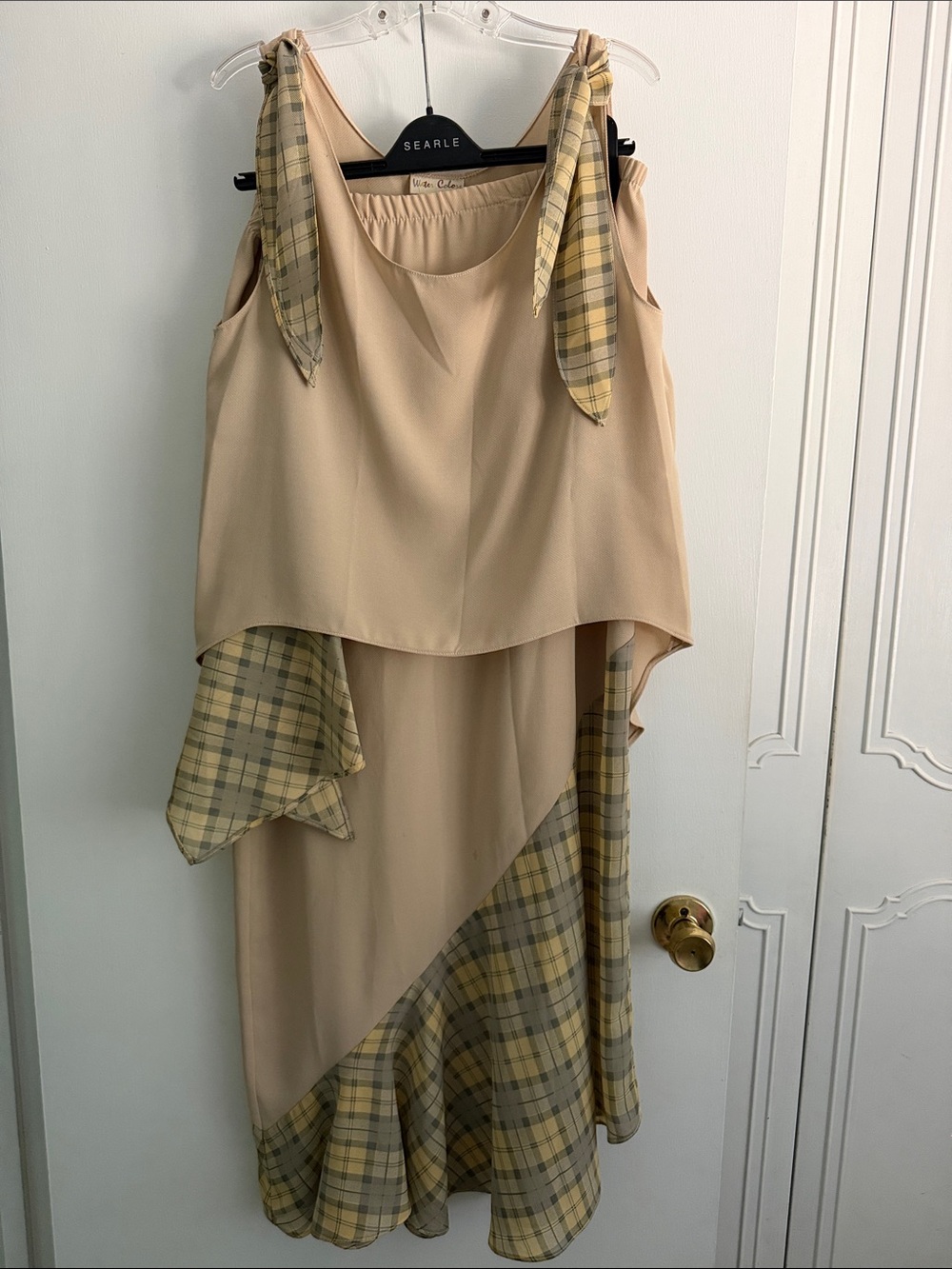 Vintage Water Color Beige Maxi Skirt w/Plaid Side Scarf Accent & Matching Top